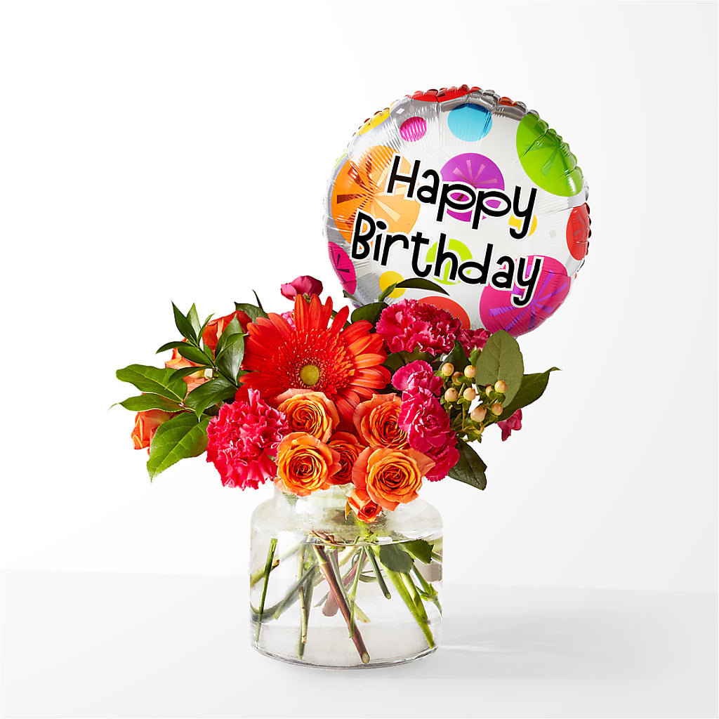 Fiesta Bouquet with Birthday Balloon – XOXO FLORALS & WINE, Newark OH