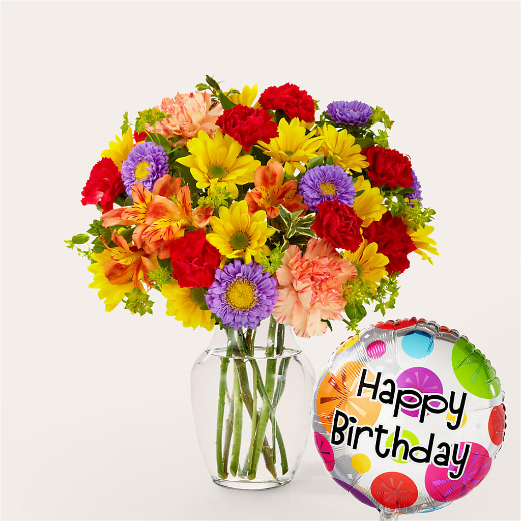 Kaleidoscope Bouquet with Birthday Balloon – XOXO FLORALS & WINE, Newark OH