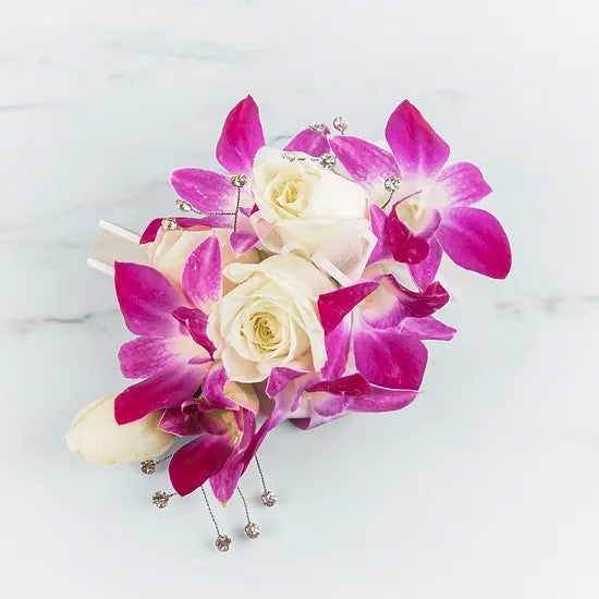 Fuchsia Orchid Corsage Spray Rose Combo (text pic of dress 740-975-9856) – XOXO FLORALS & WINE, Newark OH