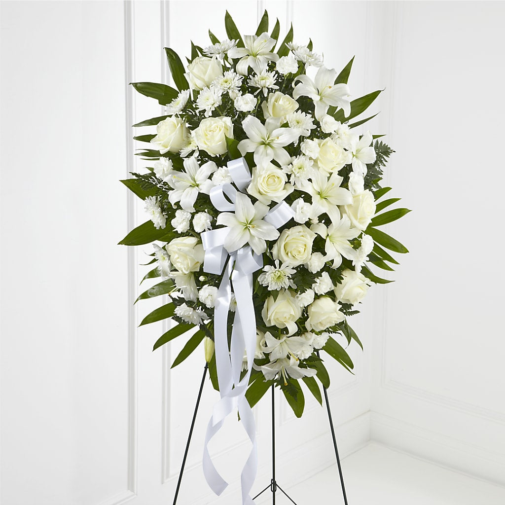 Exquisite Tribute Standing Spray-White Ribbon – XOXO FLORALS & WINE, Newark OH