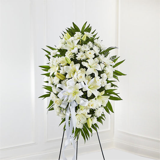 Exquisite Tribute Standing Spray-White Ribbon – XOXO FLORALS & WINE, Newark OH